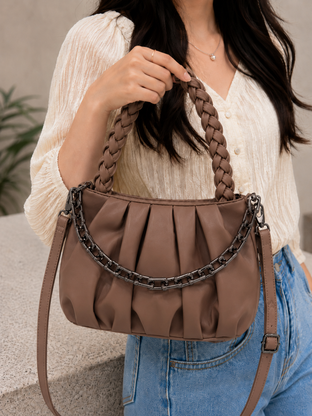 Women's Premium Braided Handle Shoulder Bag with Detachable Strap