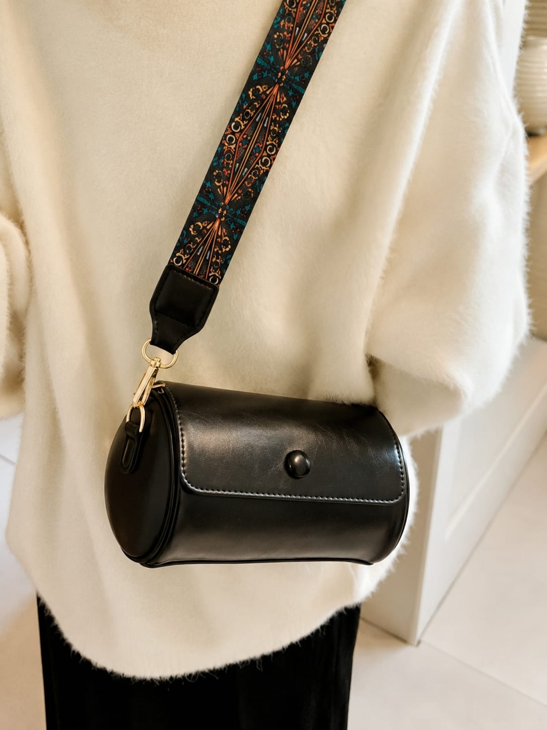 Women's Premium PU Leather Cylinder Sling Bag with Adjustable Printed Strap