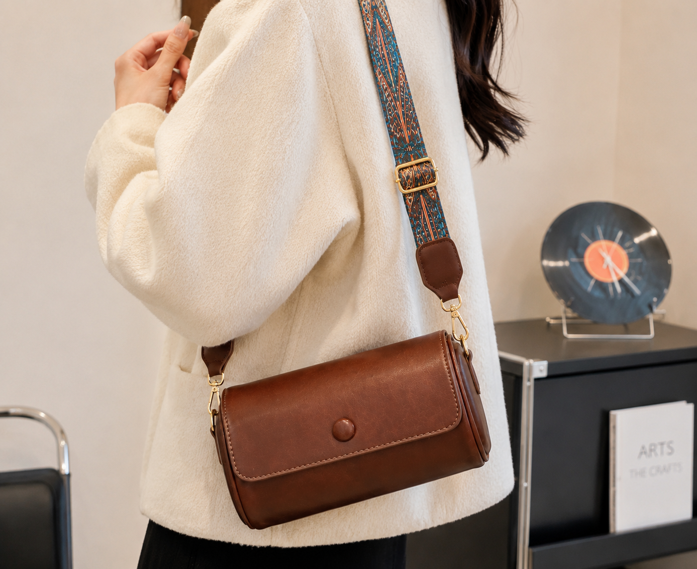 Women's Premium PU Leather Cylinder Sling Bag with Adjustable Printed Strap