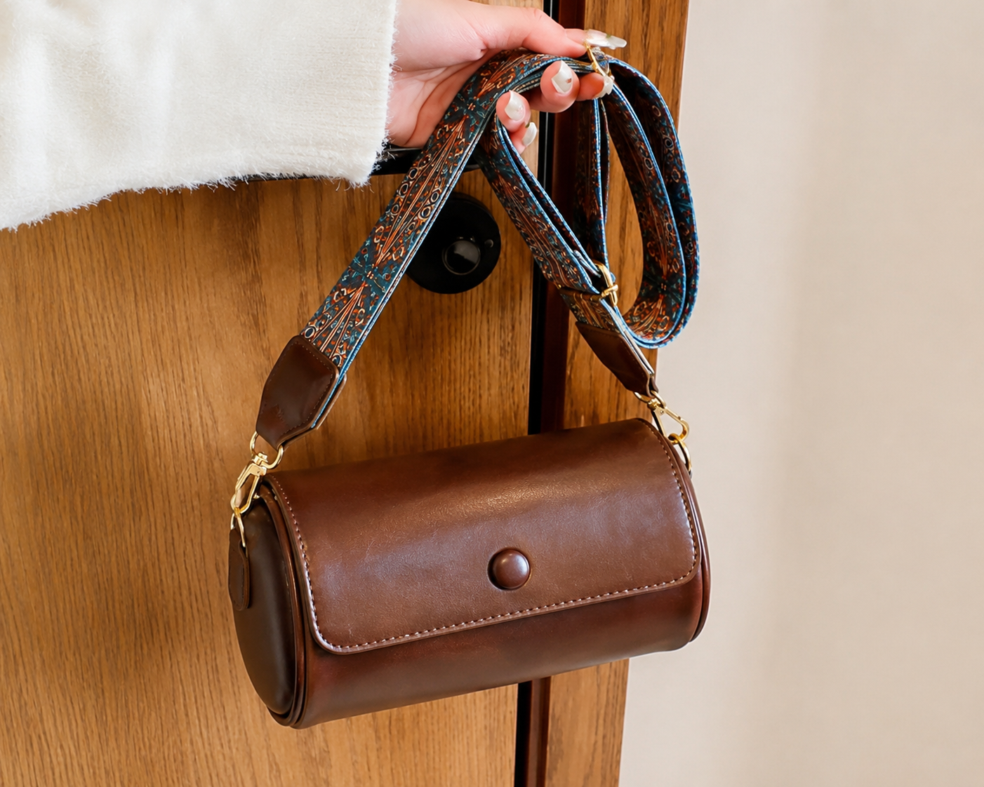 Women's Premium PU Leather Cylinder Sling Bag with Adjustable Printed Strap