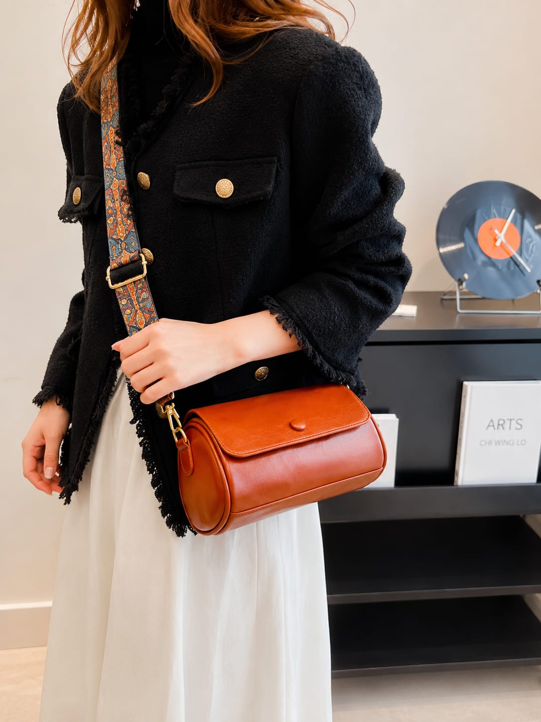 Women's Premium PU Leather Cylinder Sling Bag with Adjustable Printed Strap
