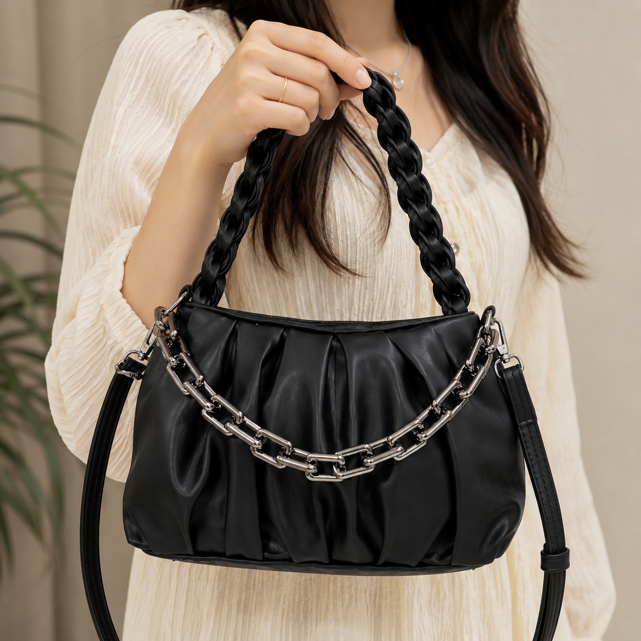 Women's Premium Braided Handle Shoulder Bag with Detachable Strap