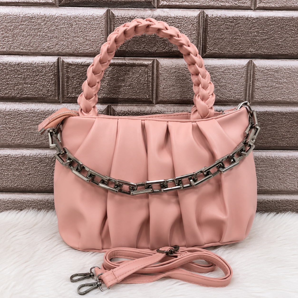 Women's Premium Braided Handle Shoulder Bag with Detachable Strap