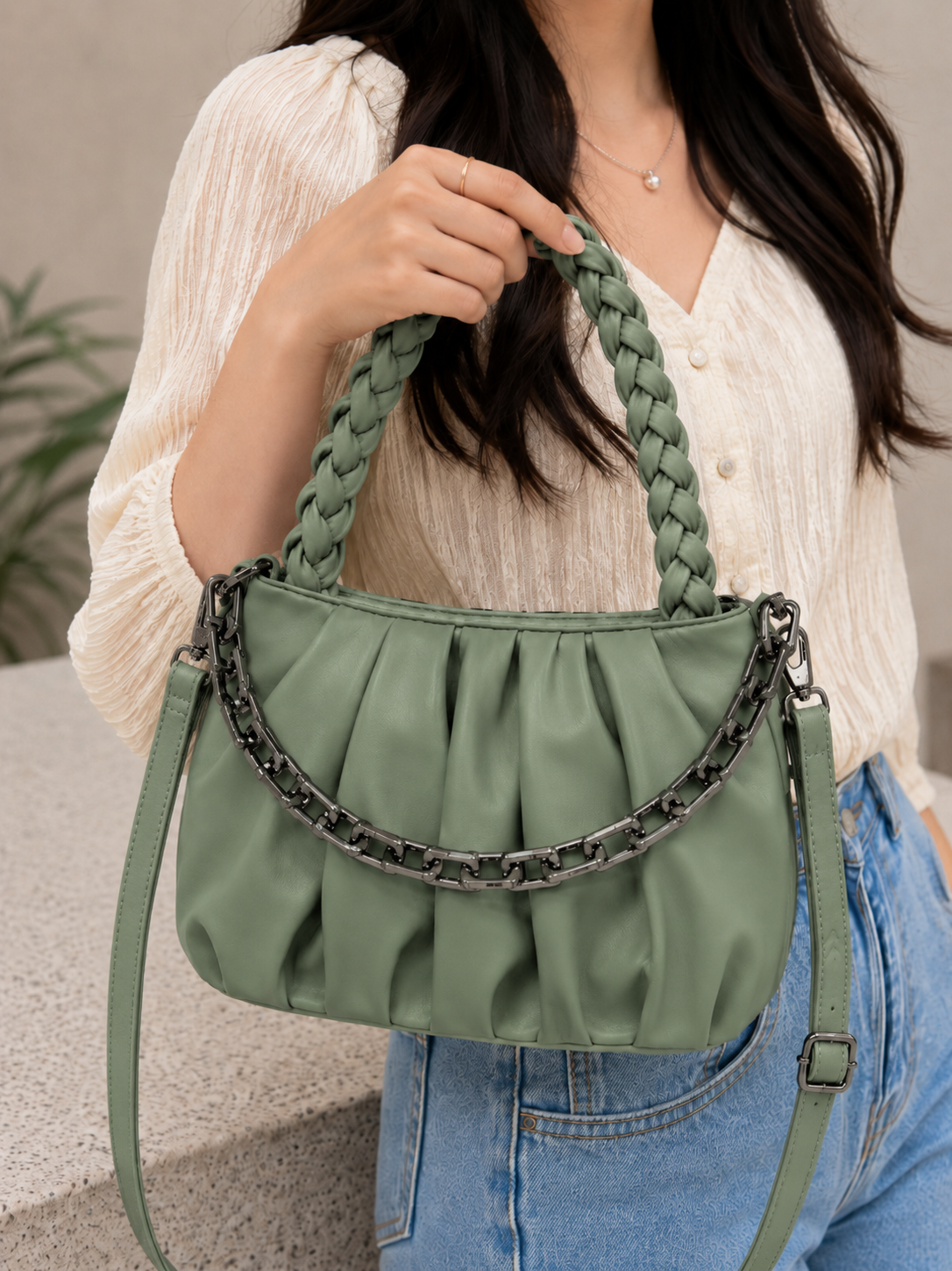 Women's Premium Braided Handle Shoulder Bag with Detachable Strap
