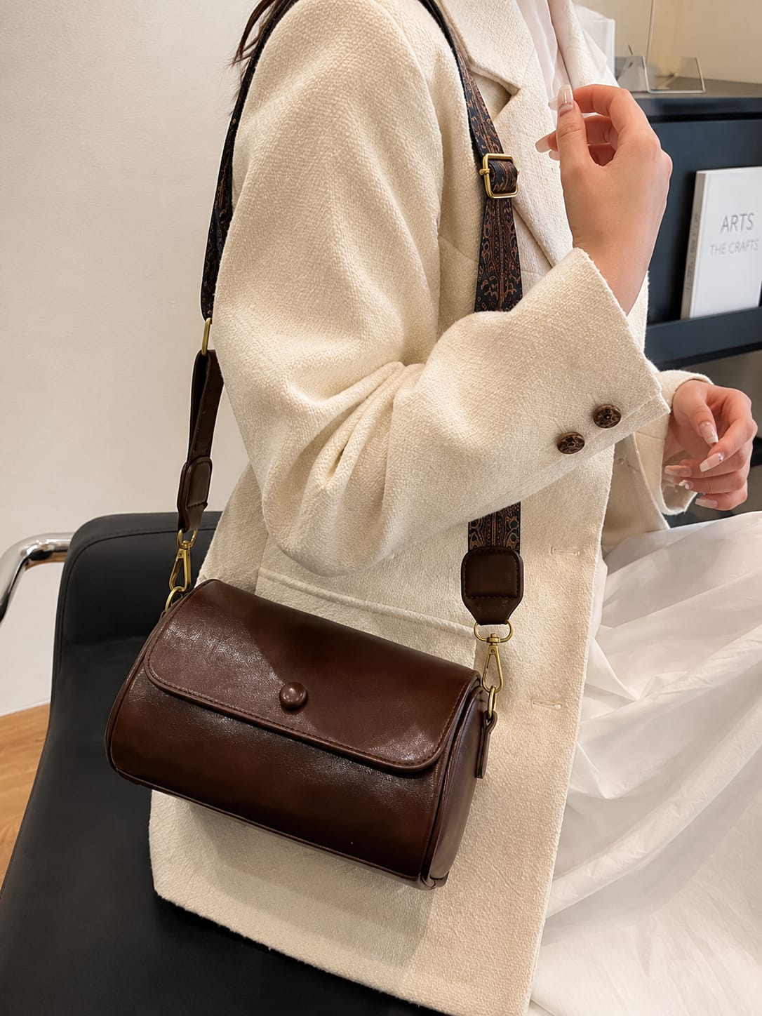 Women's Premium PU Leather Cylinder Sling Bag with Adjustable Printed Strap