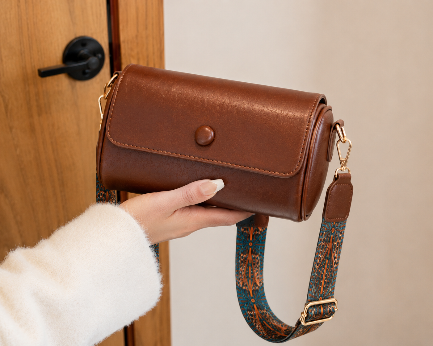 Women's Premium PU Leather Cylinder Sling Bag with Adjustable Printed Strap