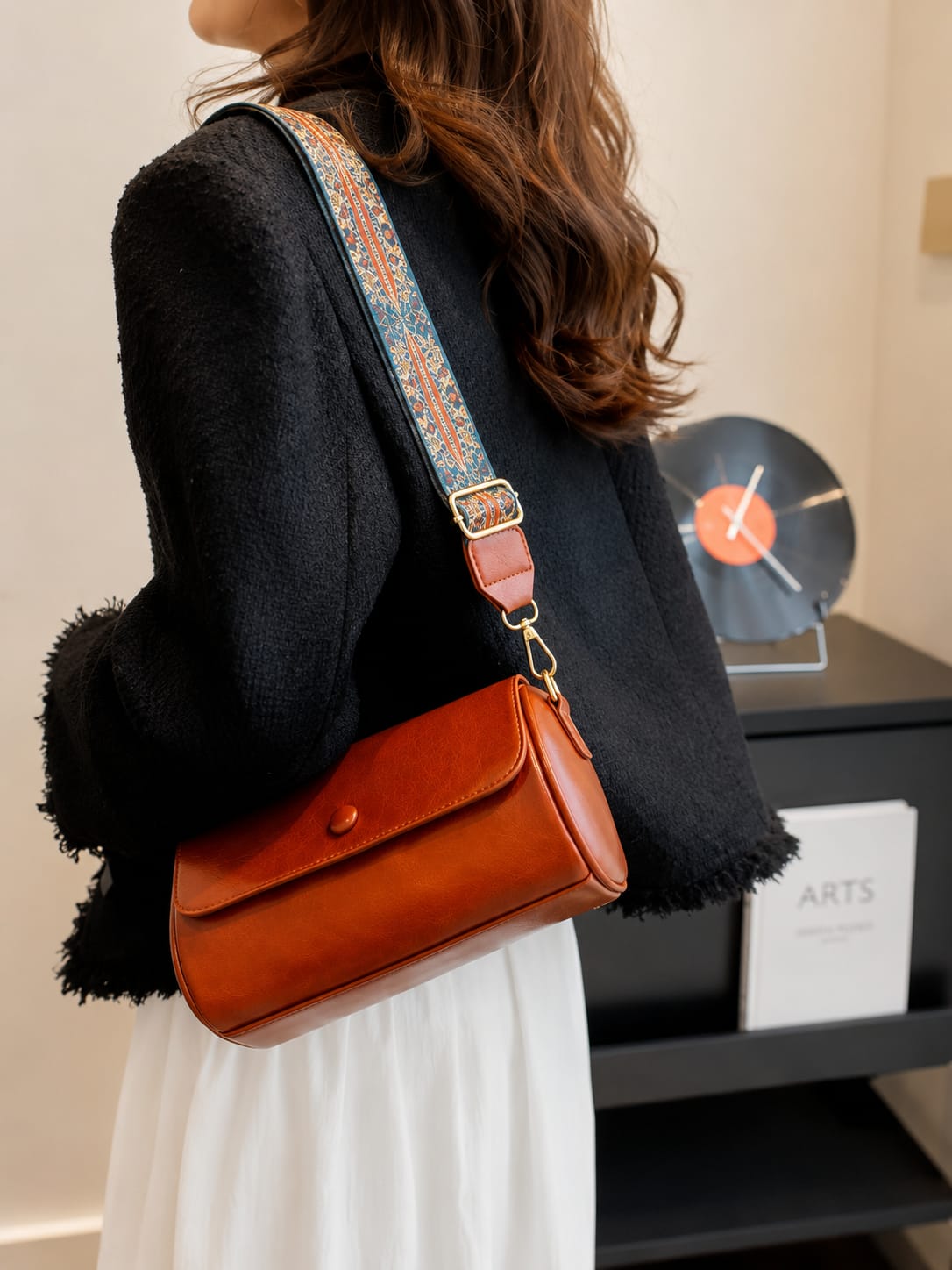 Women's Premium PU Leather Cylinder Sling Bag with Adjustable Printed Strap