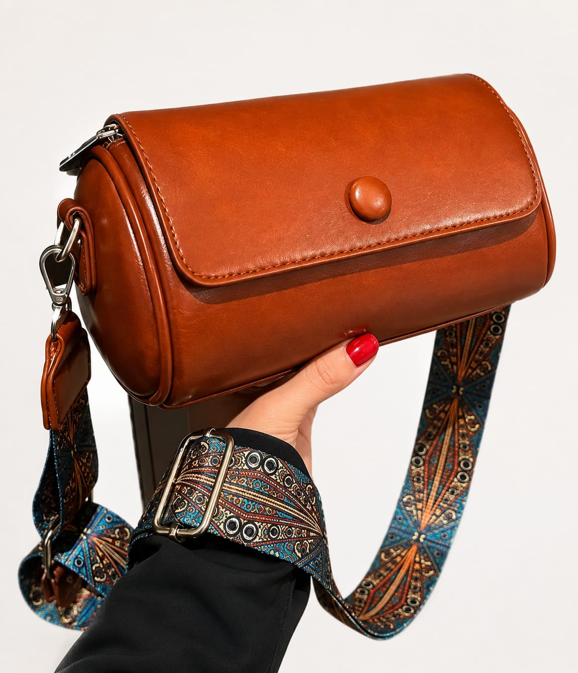 Women's Premium PU Leather Cylinder Sling Bag with Adjustable Printed Strap